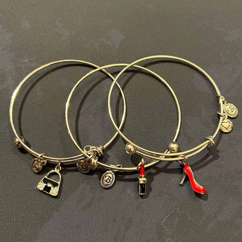 Set of 3 Bella Perlina Silver Adjustable Bangle Bracelets with Charms